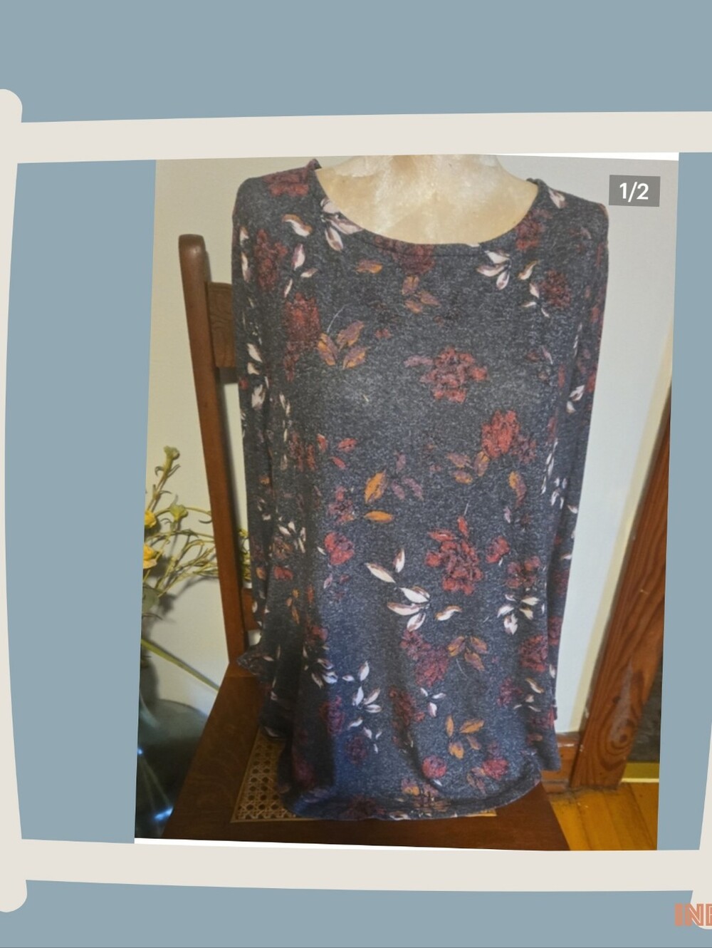 Floral Scoop Neck Long-Sleeve Top Size Xl